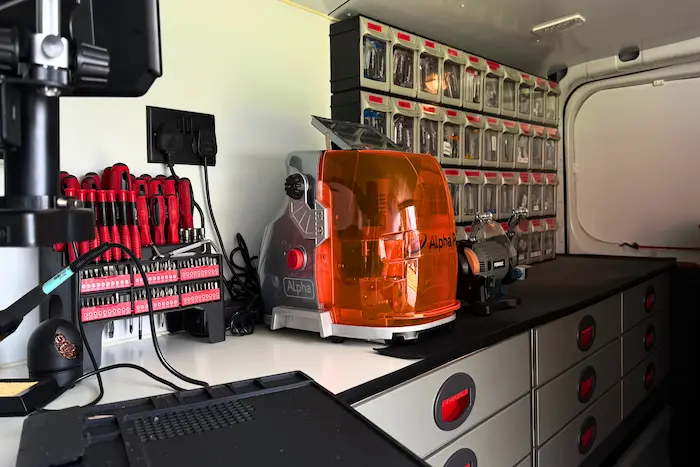 Inside the Auto Access van — key cutting machine, transponder stock and diagnostic tools used across Durham and the North East