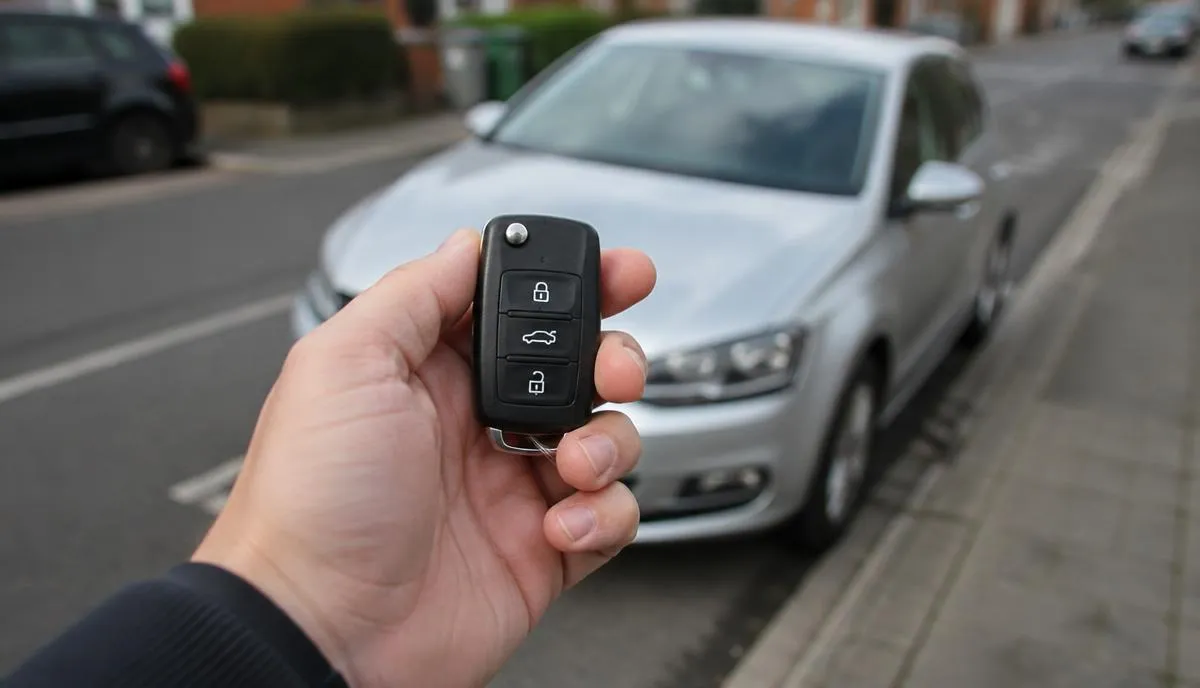 Person holding a car key next to their car