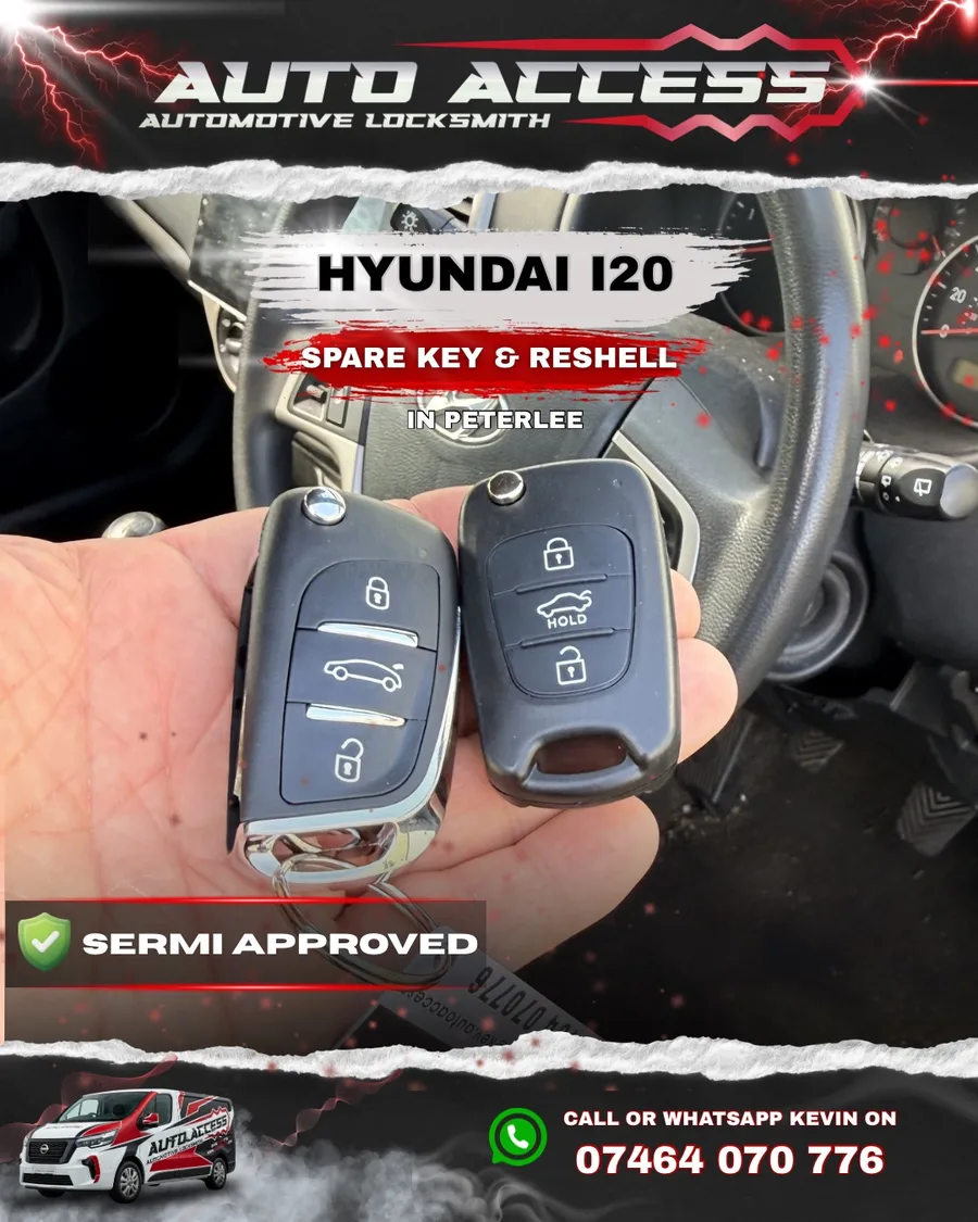Hyundai i20 spare key cut, programmed and reshelled by Auto Access auto locksmith in Peterlee, County Durham